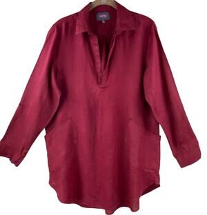 For Cynthia Beach Wear 100% Linen Blouse Size M Deep Red Pop Over